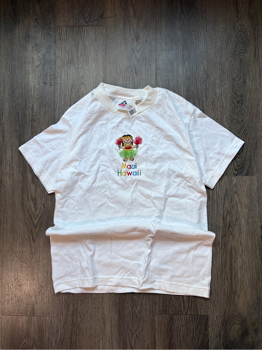 Maui Hawaii White T-Shirt with Hula Girl Embroidery